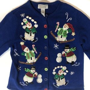 Blue Ugly Christmas Sweater Cardigan with Snowmen